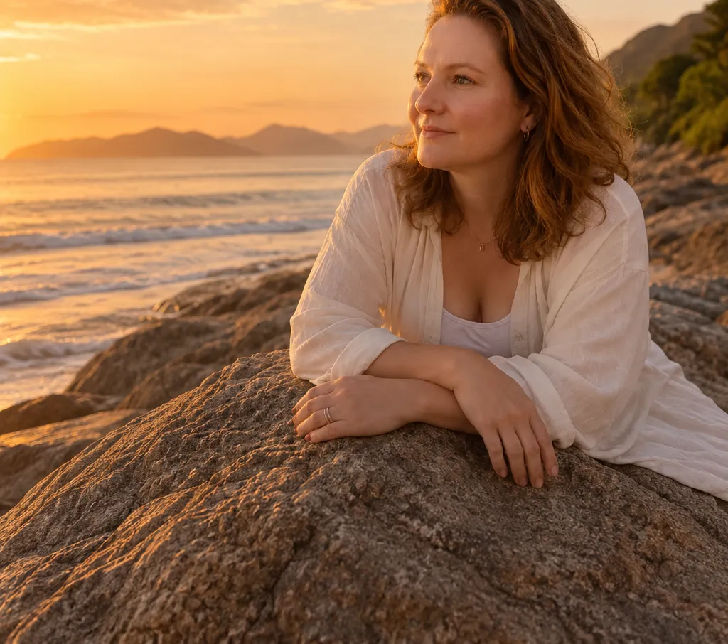 Joana Fleck observando o mar ao entardecer
