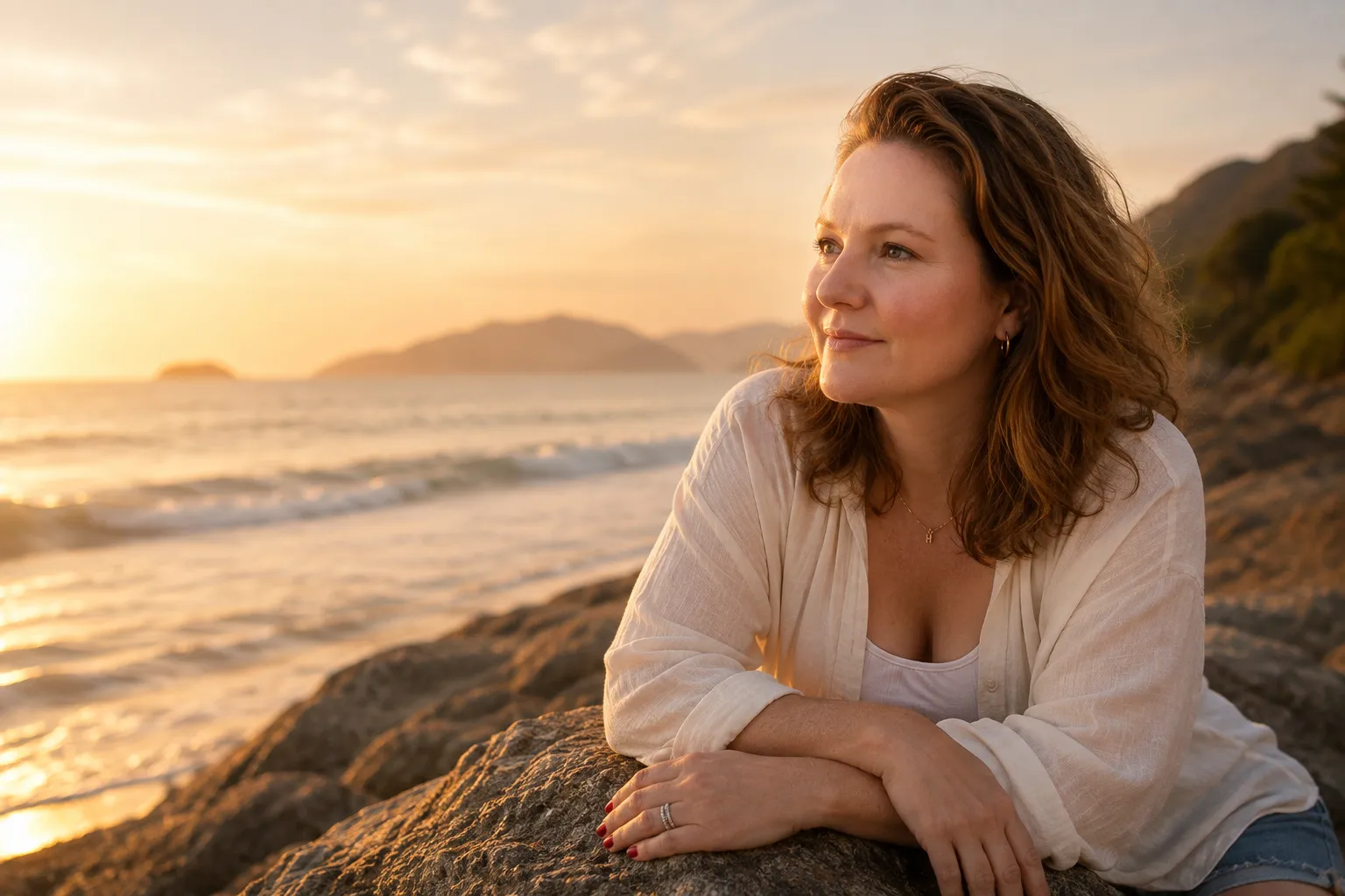 Joana Fleck observando o mar ao entardecer